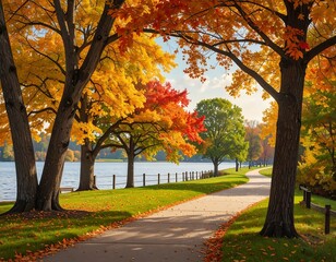 Autumn park path by a lake