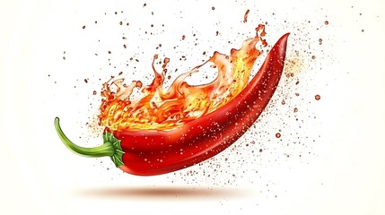 Fiery Red Chili Pepper with Intense Flame and Spice Explosion on White