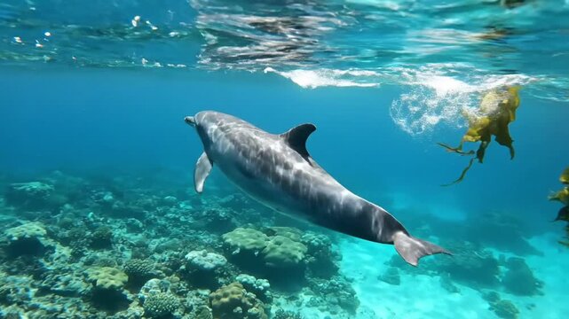 Showcasing the dynamic interplay of natural light filtering through the water, creating mesmerizing patterns as a dolphin glides effortlessly through its aquatic home. no data