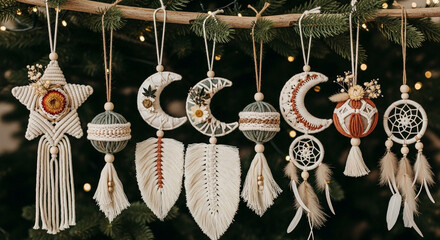 Handmade macrame christmas ornaments hanging on a tree, featuring intricate designs of stars, moons, and dreamcatchers, adding a bohemian touch to holiday decor