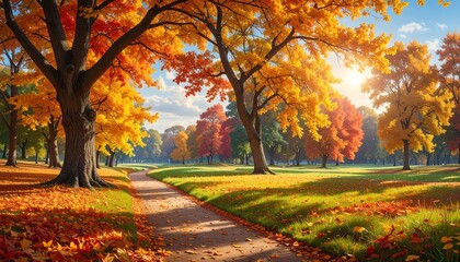 Autumn park path with vibrant trees
