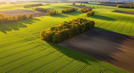 Golden hour aerial view of lush green fields and scattered trees bathed in warm sunlight