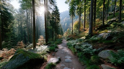 Obraz premium Sunlit Forest Trail Through Autumnal Woods with Stone Path and Lush Green Undergrowth Illuminated by Bright Sun Rays in Scenic Landscape