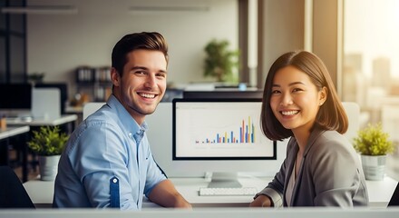 Fototapeta premium Two smiling business professionals working together in an office setting.