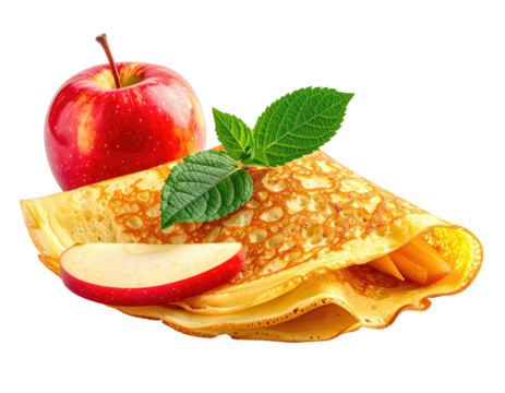 Golden crepe with apple slices and leaves
