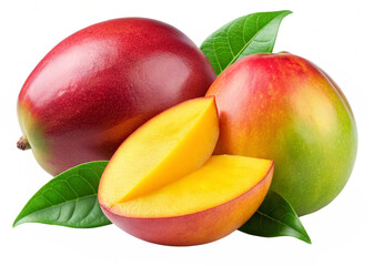 Mango fruit isolated on white or transparent background. Two mango fruits cut half and slice