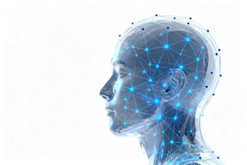 Digital human head with neural network overlay, showcasing brain connectivity and technology integration