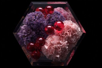Hexagonal acrylic display showcases a breathtaking arrangement of preserved pink and purple flowers, complemented by vibrant red orbs, creating a captivating visual display.