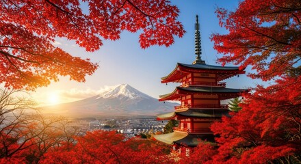 Iconic japanese pagoda and mount fuji amidst vibrant autumn foliage at sunset