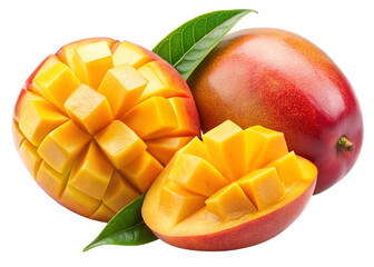 Mango fruit isolated on white or transparent background. Two mango fruits cut half and slice