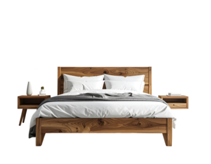 Wooden bed with bedside tables, white linens, and a neutral color scheme