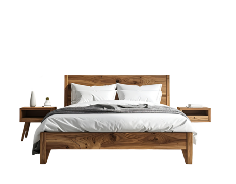 Wooden bed with bedside tables, white linens, and a neutral color scheme