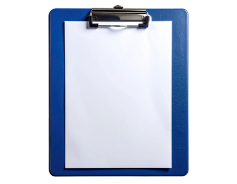 Blue clipboard with blank white paper