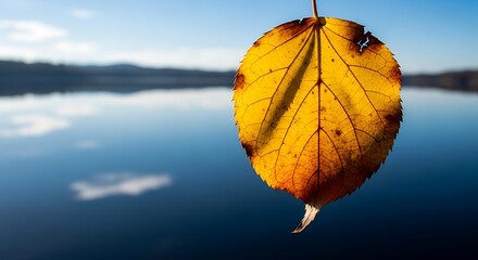 Obraz premium Vibrant autumn leaf against a serene lake and blue sky.