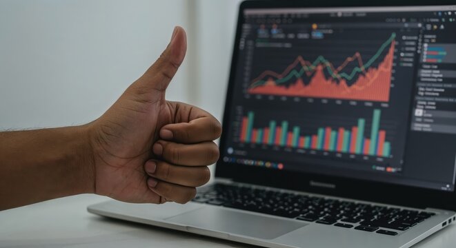 Stock Market Approval: A close-up shot captures a laptop displaying intricate stock market charts, with a hand giving a thumbs-up, symbolizing positive trends and investment success.