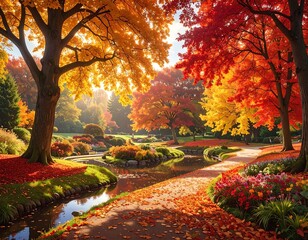 Autumn park scene with colorful trees and pathway