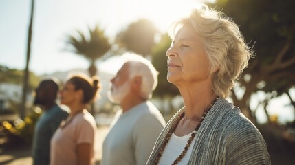 Group of seniors practicing yoga,  outdoors morning meditation