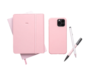 Pink leather planner, phone case, and pens
