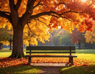 Autumn park scene with bench under colorful trees