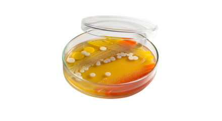 Petri dish with bacterial colonies isolated on transparent background, a laboratory culture for microbiology research and scientific analysis
