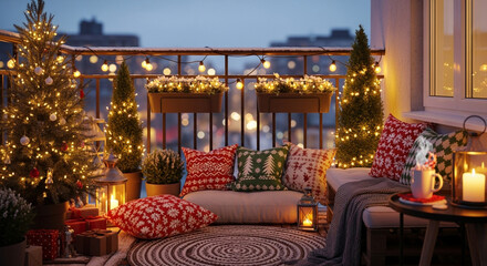 Cozy christmas balcony with illuminated trees, string lights, and festive pillows creates a warm and inviting outdoor holiday atmosphere in the city
