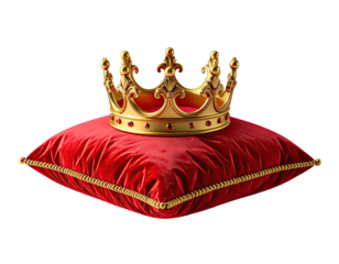 Golden crown atop a red velvet pillow