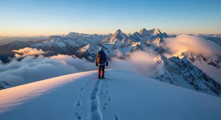 Lone climber ascends snowy mountain ridge at dawn majestic mountain landscape adventure