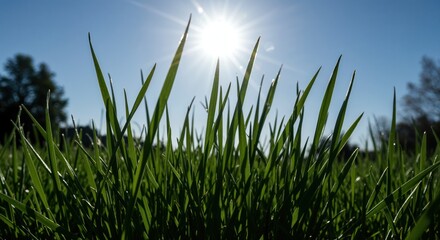 Obraz premium Sunlit Blades of Grass: Close-up of vibrant green grass bathed in the radiant light of the sun, capturing the natural beauty and the essence of a perfect sunny day.
