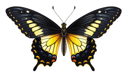 Detailed illustration of a butterfly.  Black wings with vibrant yellow accents, intricate patterns.  Front view, isolated on black