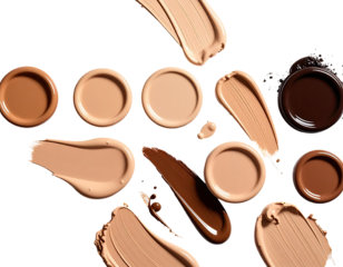Foundation swatches, various shades, on black background.  Swatches display creamy, light-medium, and dark tones.  Circular containers of foundation are scattered throughout.  Abstract makeup display