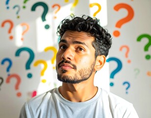 A young man with curly hair and a beard gazes thoughtfully against a backdrop of colorful question marks