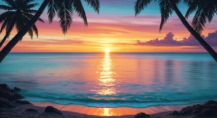 Tranquil Paradise Sunset: Witness a breathtaking sunset over a serene ocean, framed by elegant palm trees, creating a harmonious vista of nature.