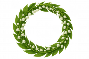 Lily of the valley flower wreath forming round frame, white bells, green leaves, transparent background, spring nature concept
