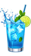 Vibrant blue cocktail with splashing liquid, ice cubes, lime, and mint