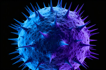 3D rendering of a virus particle with spiky surface features in blue and purple hues