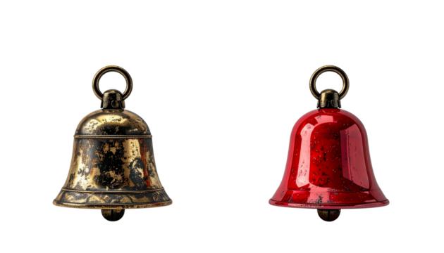  Antique Brass Sleigh Bells and Festive Red Painted Sleigh Bells, isolated on transparent background