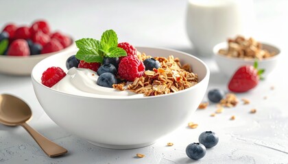 Delicious breakfast bowl showcasing healthy ingredients, with creamy yogurt, assorted fresh berries, crunchy granola, and a sprig of mint, providing a visually appealing and nutritious meal,...