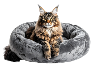 Maine Coon cat relaxing in a gray plush bed