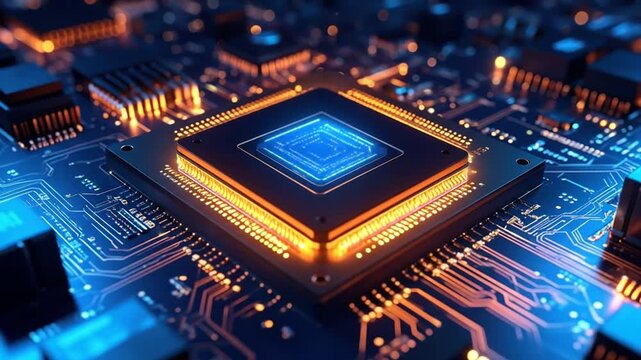 Close-up of complex circuit board with central processor
