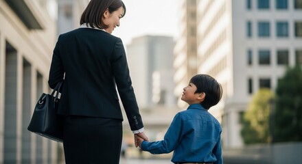 ワーキングマザー、仕事と育児の両立：会社からの帰り道、子どもと手をつないで笑顔の日本人親子