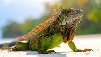 Obraz premium Vibrant iguana on a sandy beach