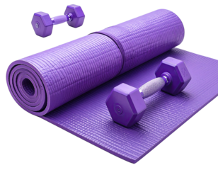 Purple exercise mat and dumbbells