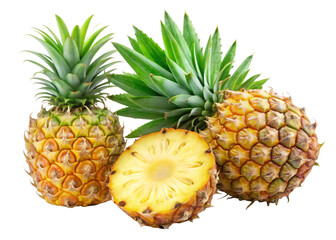 Pineapple fruit isolated on white or transparent background. Two Pineapple fruits cut half and slice