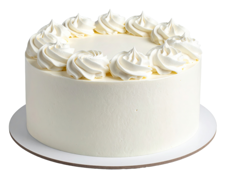 Round white cake with swirls of frosting