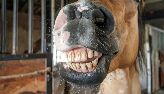 Close-up of a light brown horse's grinning face, showing its teeth and gums