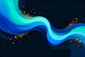 Abstract blue wave design with golden sparkles on a dark background
