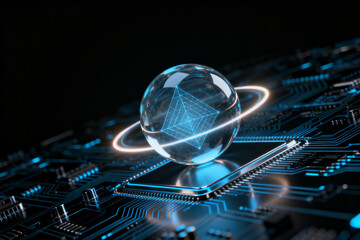 A transparent globe with geometric patterns floats above a glowing circuit board, symbolizing advanced technology and global connectivity.