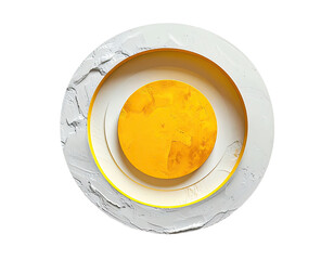 Abstract circular design with concentric rings, textured white exterior and a central yellow circle