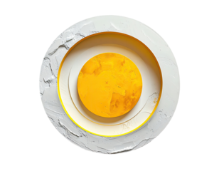 Abstract circular design with concentric rings, textured white exterior and a central yellow circle