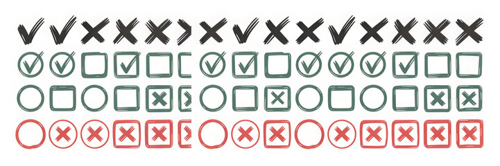 Hand drawn check mark and cross symbols in boxes and circles, representing choices and decisions isolated on white background